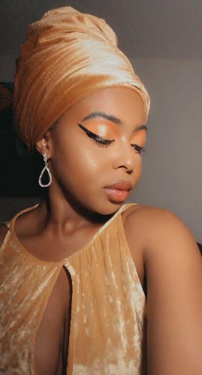 Gold velvet head wrap and dress in velvet for date night