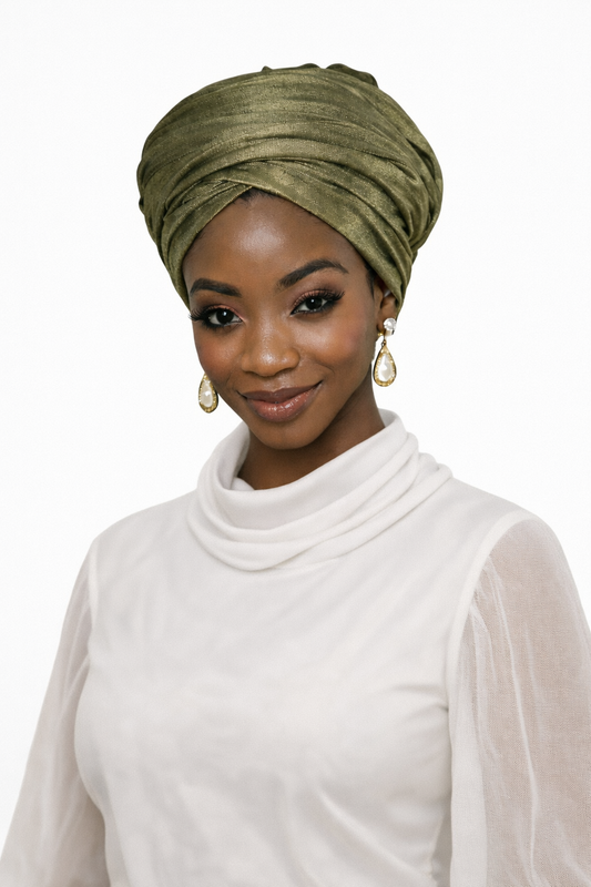 woman wearing an olive velvet turban