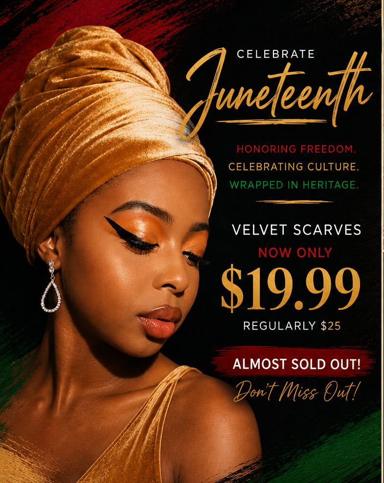 A vibrant display of patterned head wraps—including traditional African prints and Juneteenth colors arranged for a Freedom Day sale.