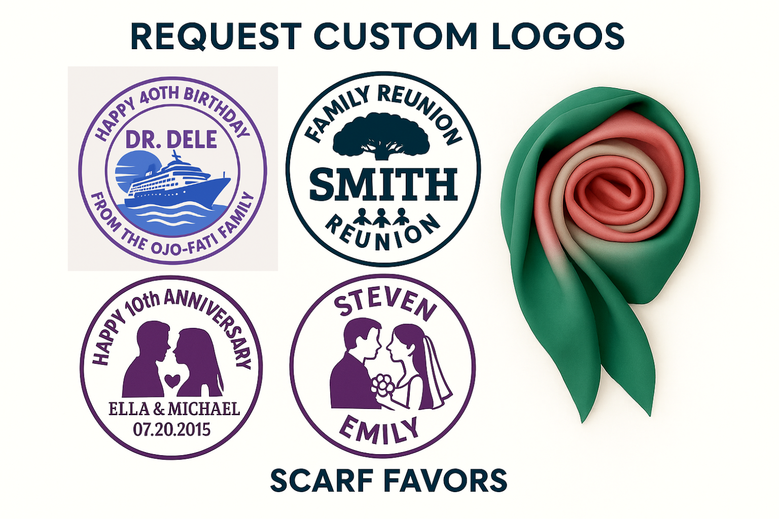 Collection of personalized logos and a scarf favor with text and graphics.