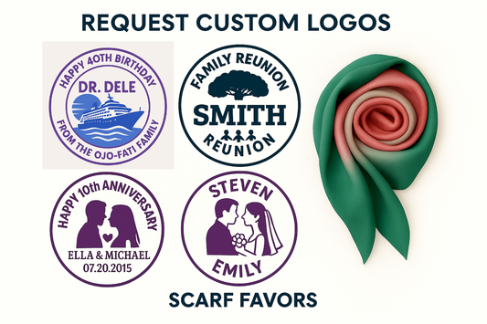 Collection of personalized logos and a scarf favor with text and graphics.