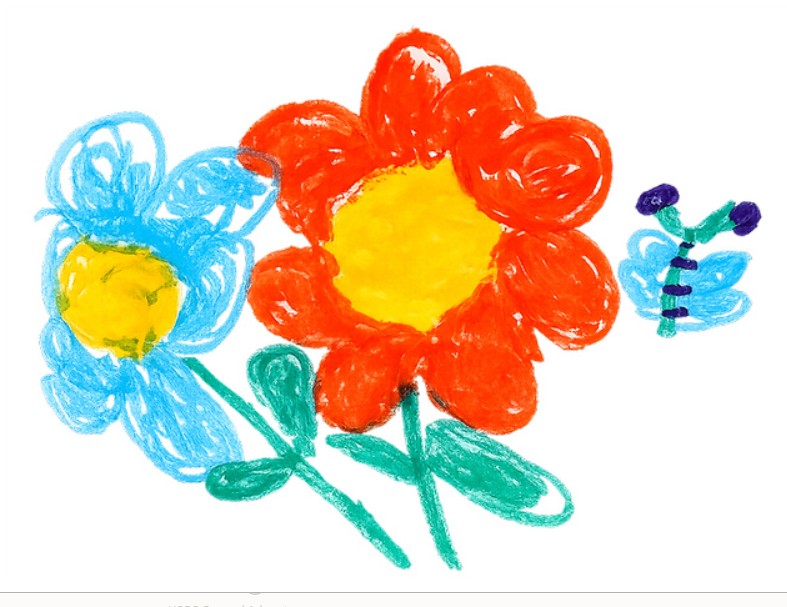 A colorful children's crayon drawing of flowers and a butterfly on a white background, featuring a large orange-red flower with a yellow center, a smaller blue flower with a yellow center, green stems and leaves, and a blue-and-purple butterfly.